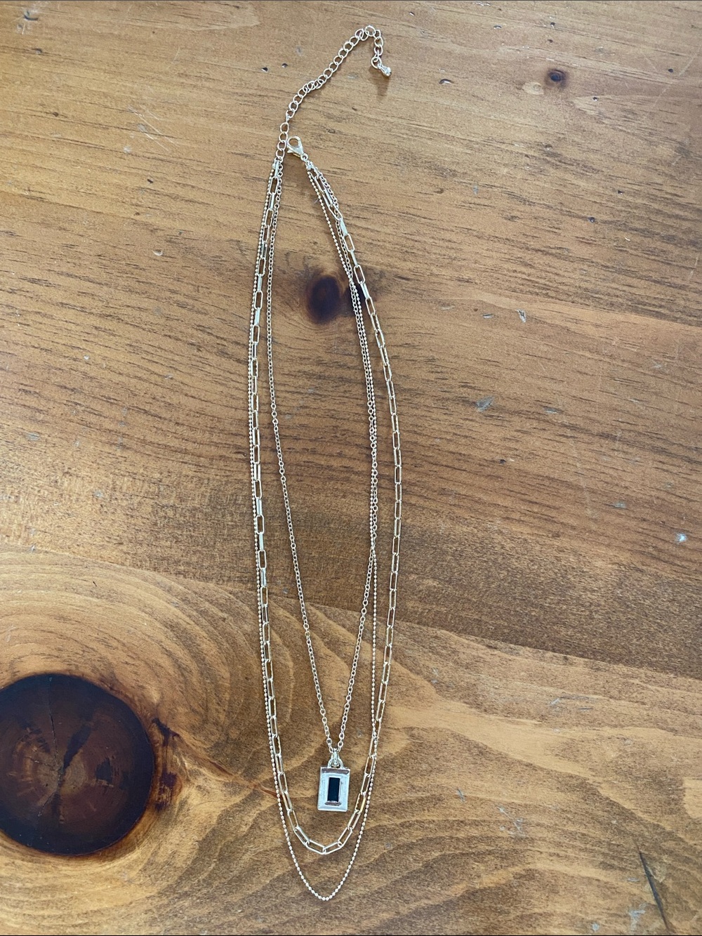 Gold-Tone Layered Necklace with Black Rectangular Pendant